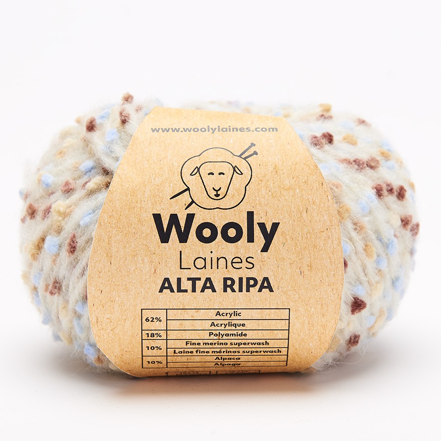 PELOTE DE LAINE ALTA RIPA Pelote de 50 gr.
ALTA RIPA a un fil mousseux ponctué de boutons colorés.
Avec son effet de doupions