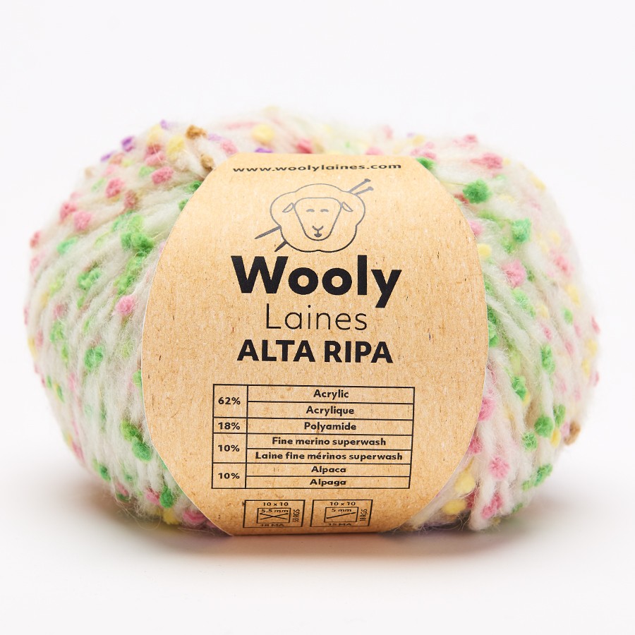 PELOTE DE LAINE ALTA RIPA Pelote de 50 gr.
ALTA RIPA a un fil mousseux ponctué de boutons colorés.
Avec son effet de doupions